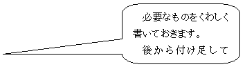 角丸四角形吹き出し: 必要なものをくわしく書いておきます。
後から付け足してもいいですよ。
