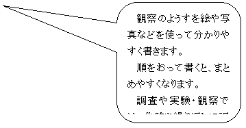 角丸四角形吹き出し: 観察のようすを絵や写真などを使って分かりやすく書きます。
順をおって書くと、まとめやすくなります。
調査や実験・観察では、失敗を繰り返して調べるとより深まります。
