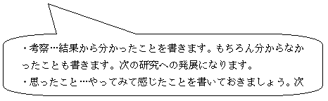 角丸四角形吹き出し: ・考察…結果から分かったことを書きます。もちろん分からなかったことも書きます。次の研究への発展になります。
・思ったこと…やってみて感じたことを書いておきましょう。次に、研究をするときの参考になります。
